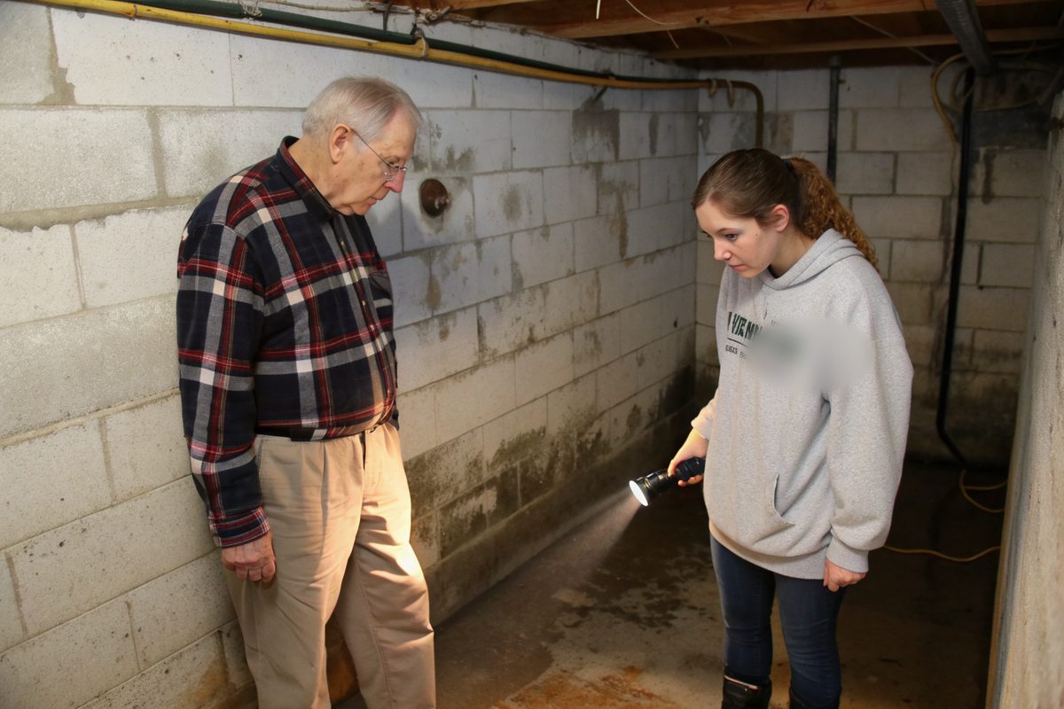 Two people with a flashlight looking at a damp stain on a block basement wall