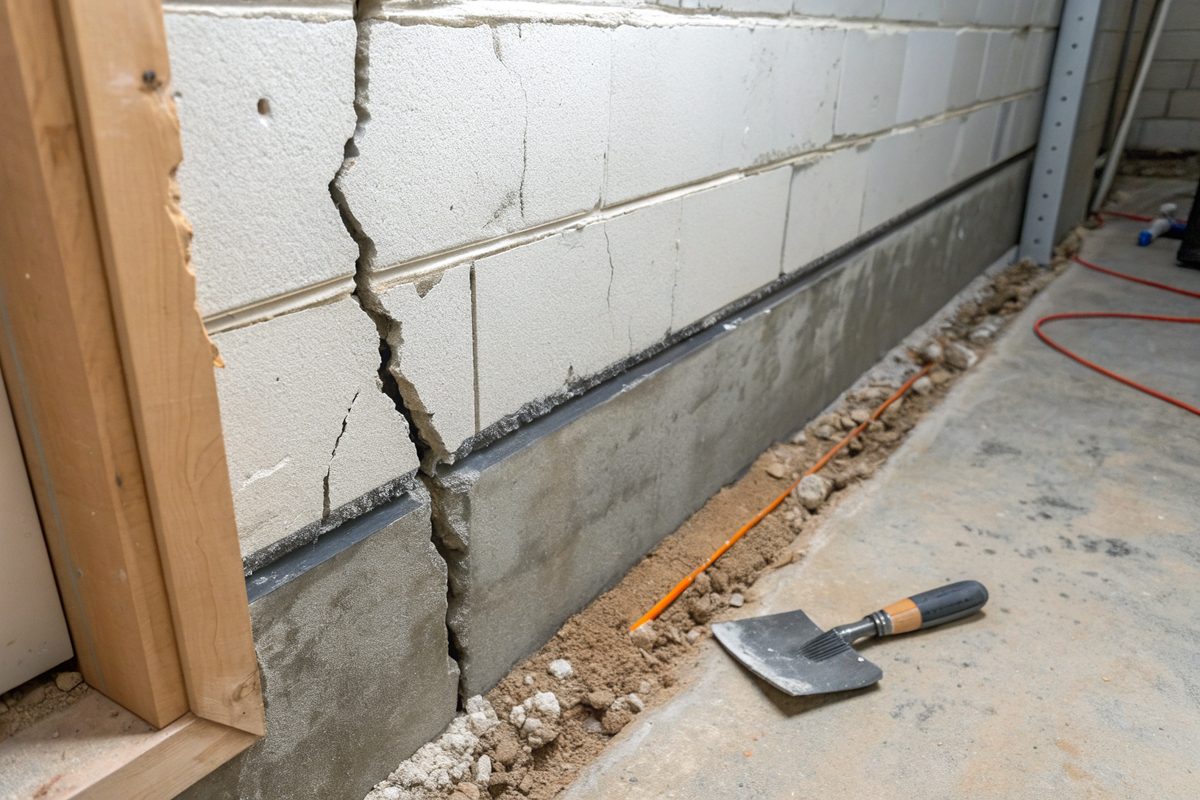 A long crack in a block basement wall with a trowel on the floor below
