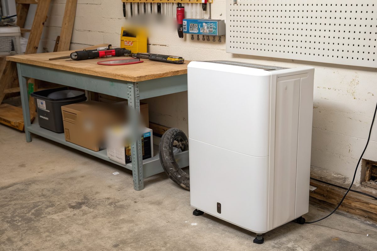 A white dehumidifier on a dry basement floor next to a workbench
