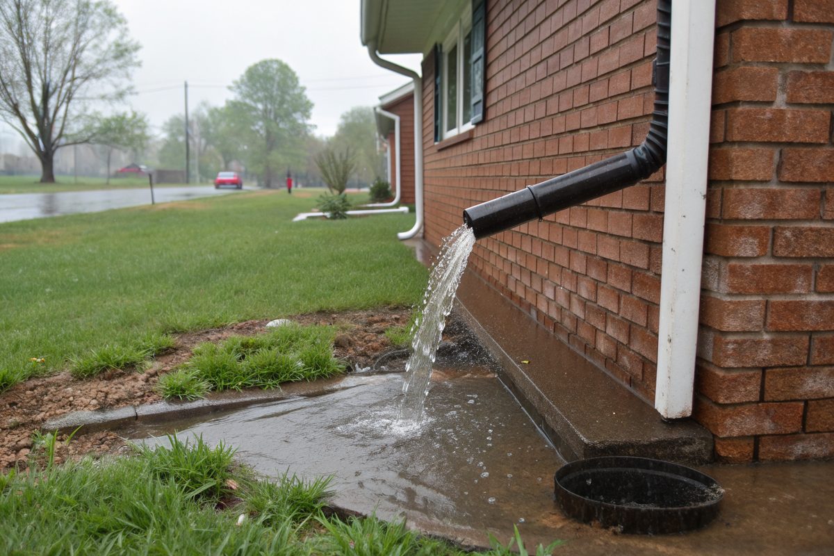 A downspout on a brick ranch house spilling rainwater onto the lawn