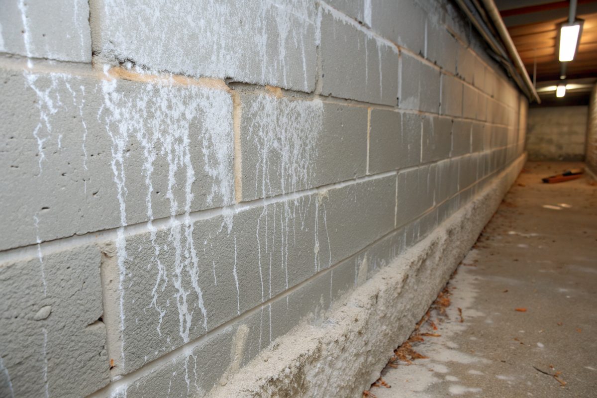 White chalky efflorescence streaks on a painted block basement wall