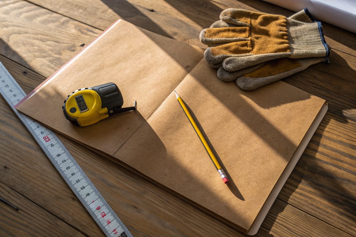 A tape measure, a pencil and work gloves on a plain folder on a table
