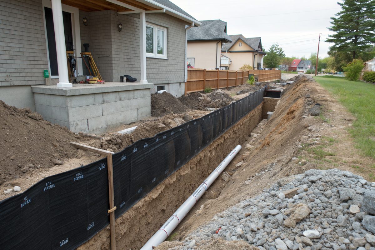 A trench along a house foundation coated in black waterproofing, with a drain pipe in gravel