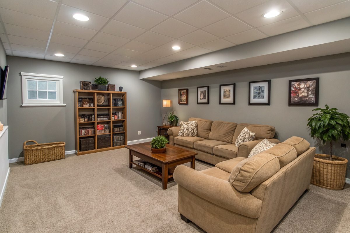 A dry finished basement family room with carpet, a tan sectional sofa and a bookshelf
