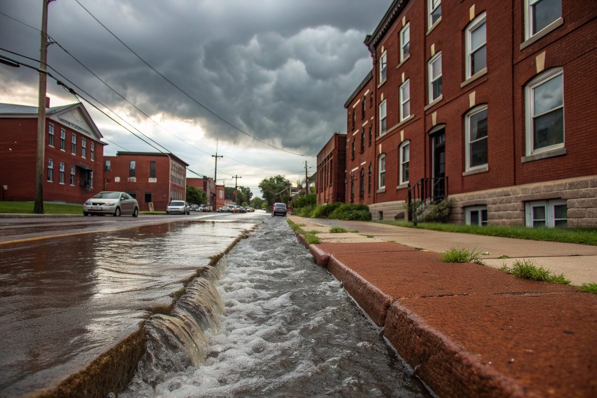 A cloudburst sending water along the curb of a street of red brick flats