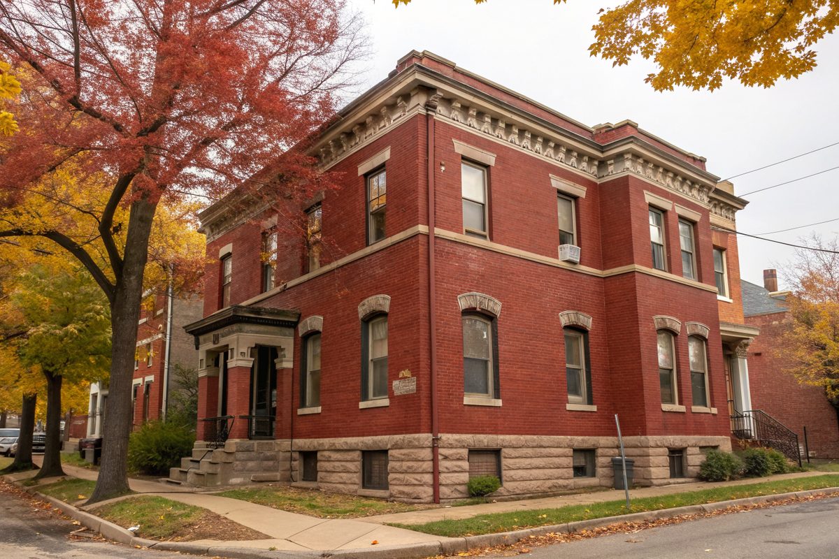 A red brick two-family flat with a stone base and small basement windows on a tree-lined city street
