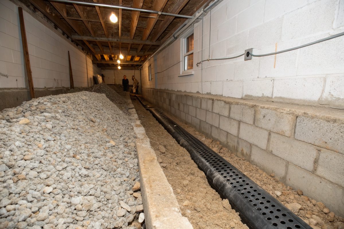 A trench along a basement wall holding gravel and a black perforated drain pipe