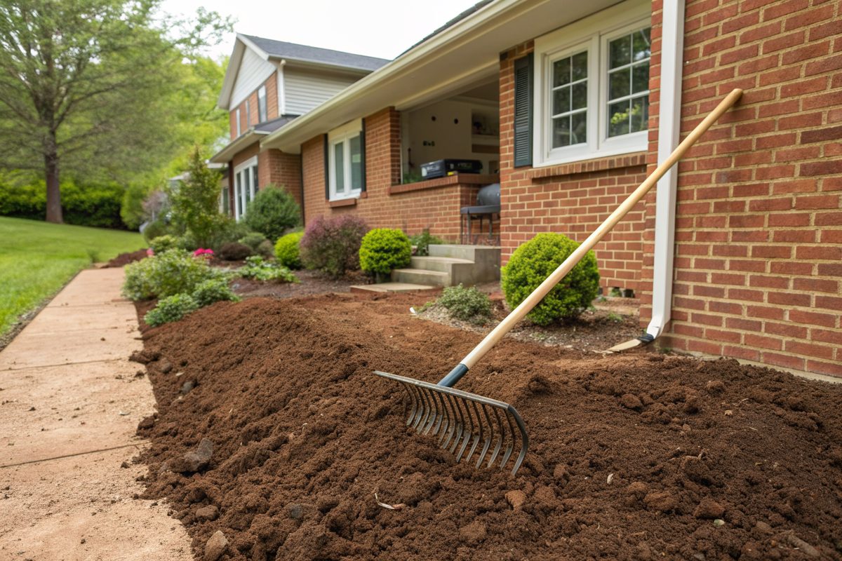 Clay soil freshly graded away from the foundation of a brick ranch house, with a rake