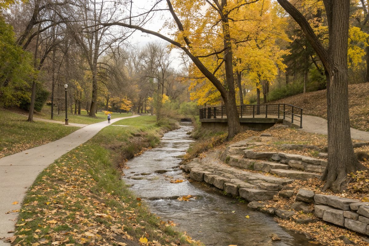 A creek with limestone banks winding through a wooded park with a trail and footbridge