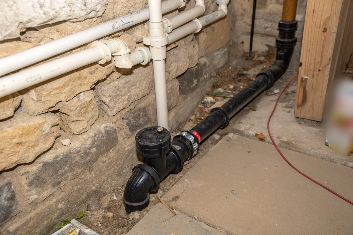A black drain fitting and backwater valve on a pipe beside an old limestone basement wall