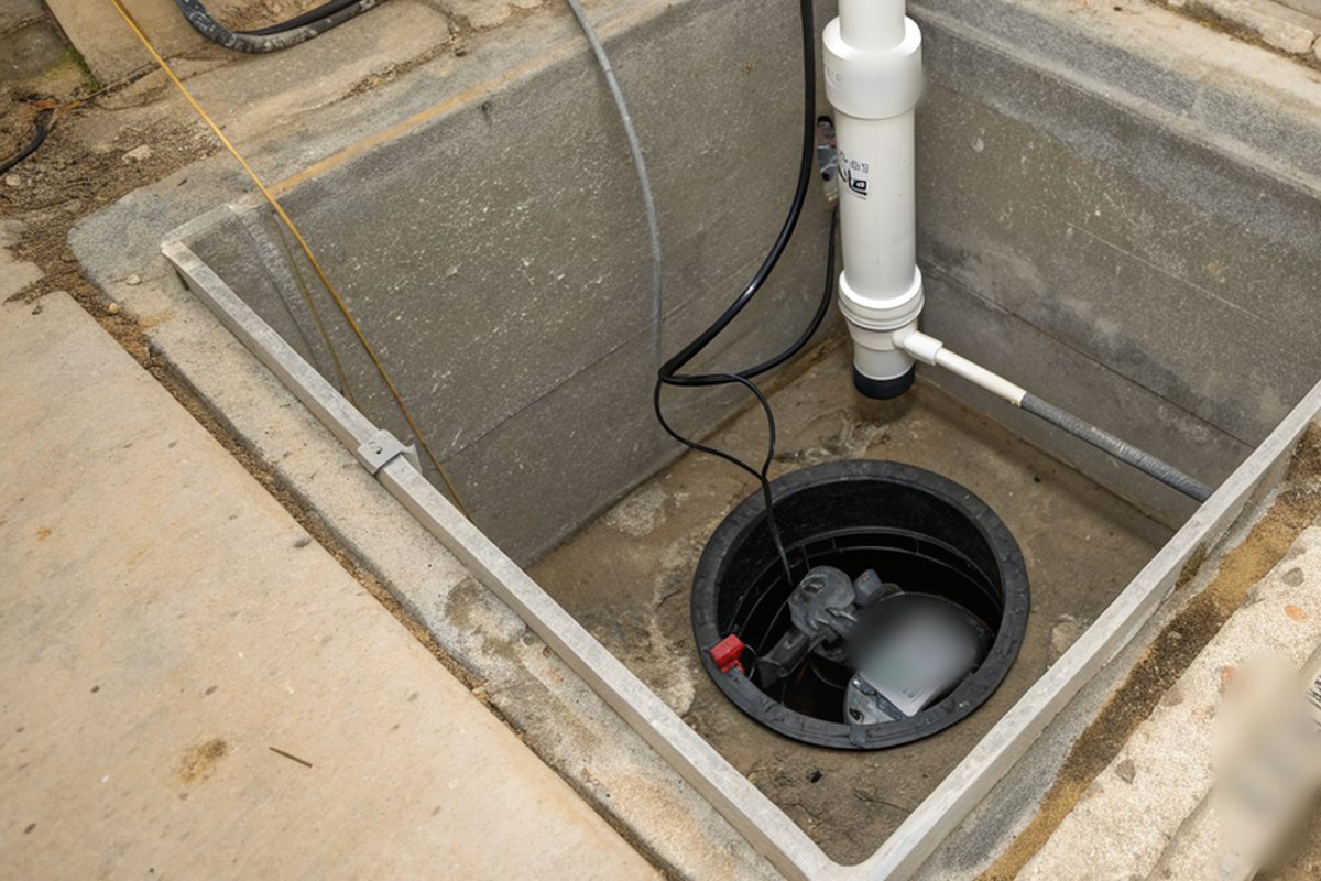 A sump basin set in a basement floor with a white discharge pipe and check valve