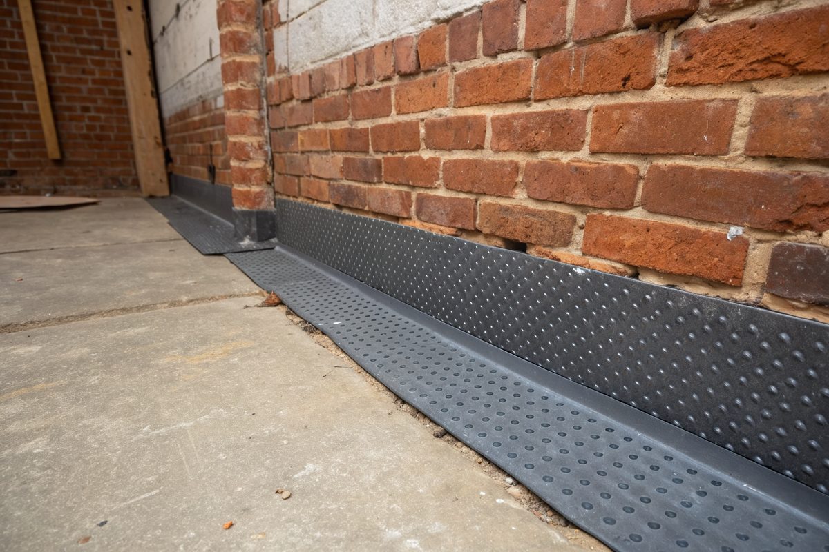 A dark dimpled drainage membrane along the base of an old brick basement wall