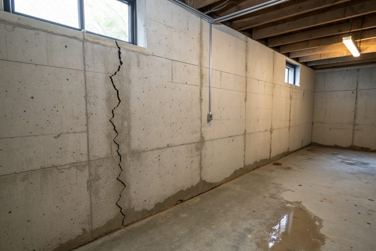 A thin vertical crack in a poured concrete basement wall with a damp stain at its base