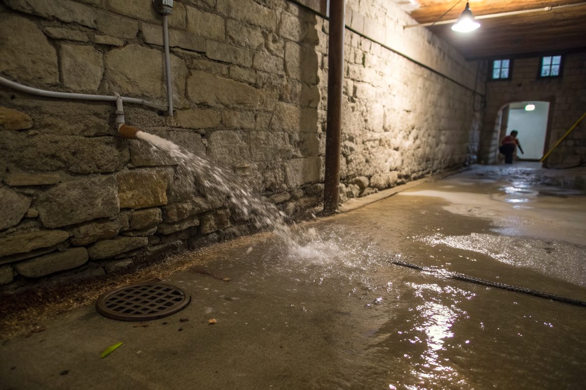 Water spreading across an old basement floor from the base of a rough limestone wall