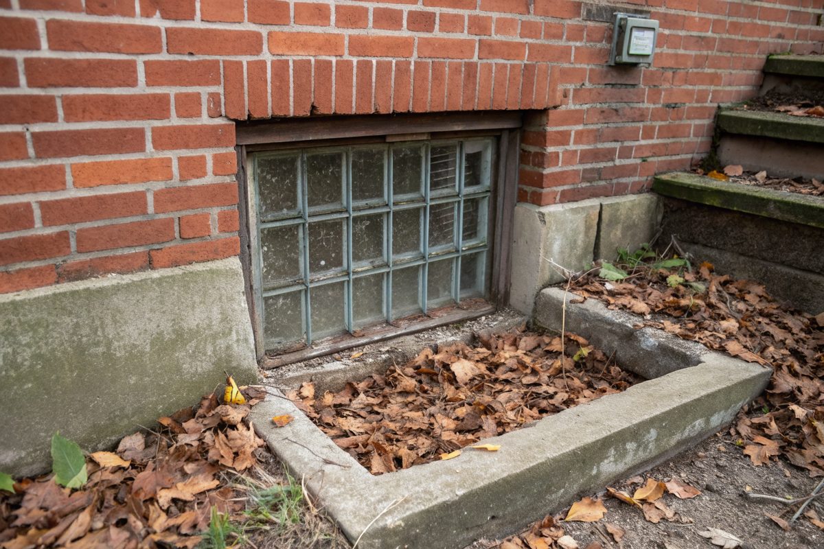 A glass-block basement window low in a red brick wall with a small concrete well